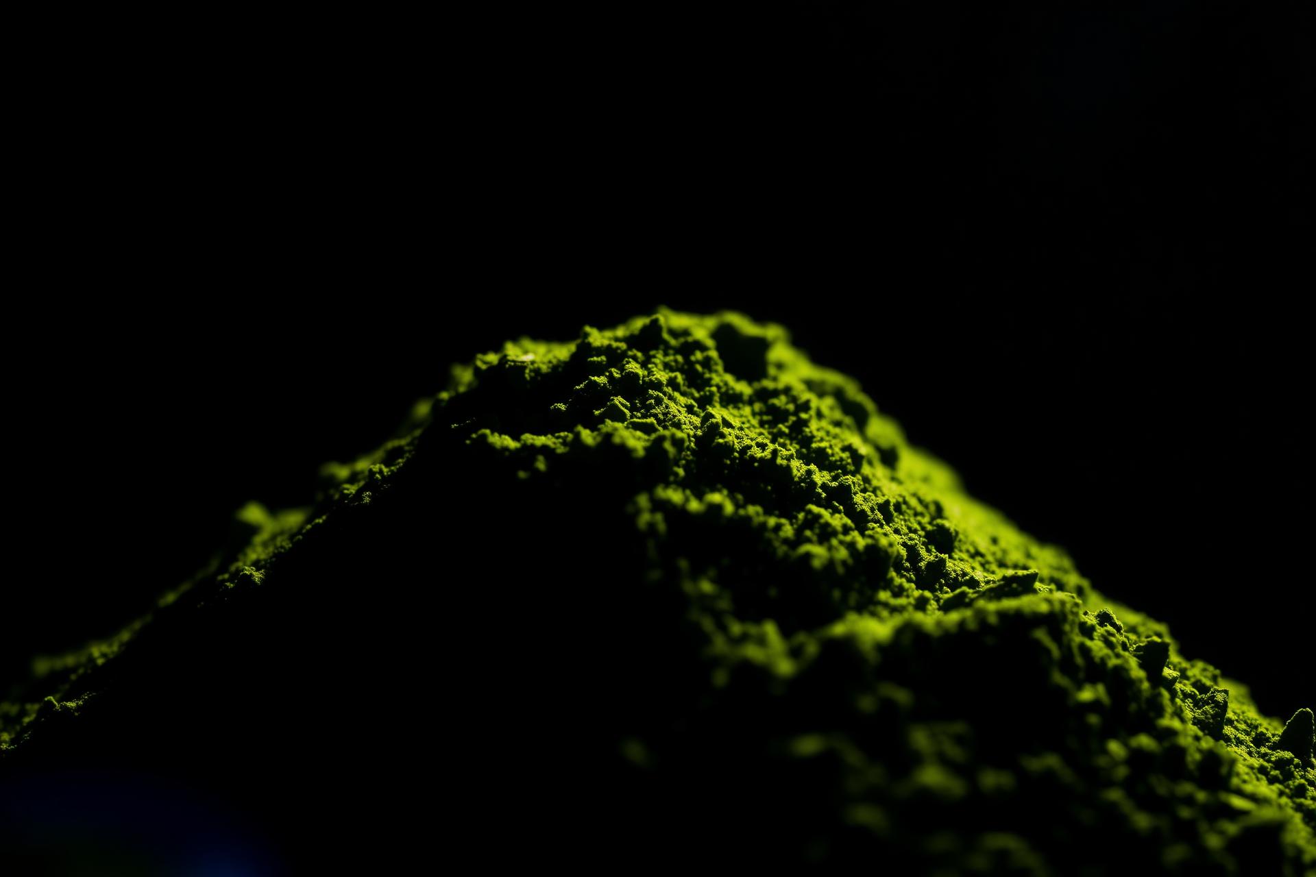 A dark ceramic chawan of freshly whisked organic Kirishima matcha